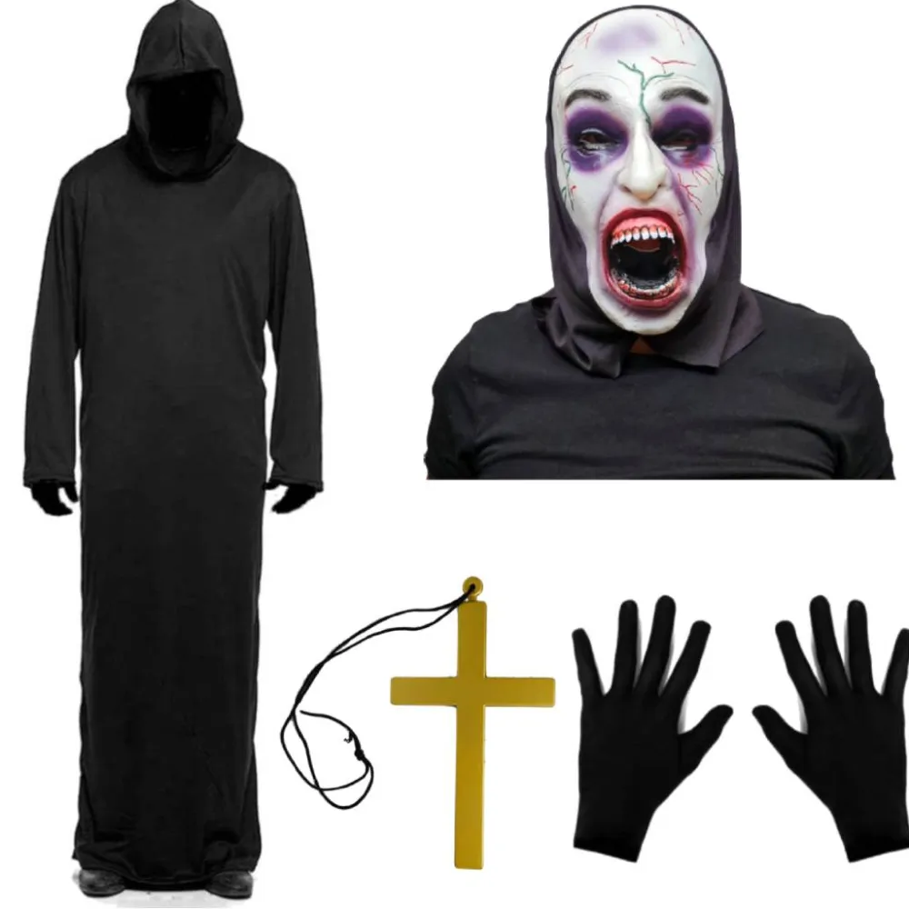 New Kebedo Moda Disfraz Monja Poseída Película de Terror - Túnica, Máscara látex, Guantes y Cruz para Adulto
