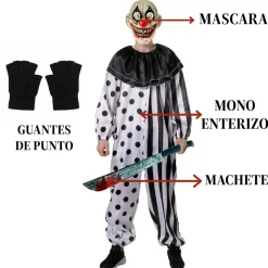 Disfraz Payaso Asesino para Hombre Adulto - Máscara, Guantes, Machete, Mono Enterizo
