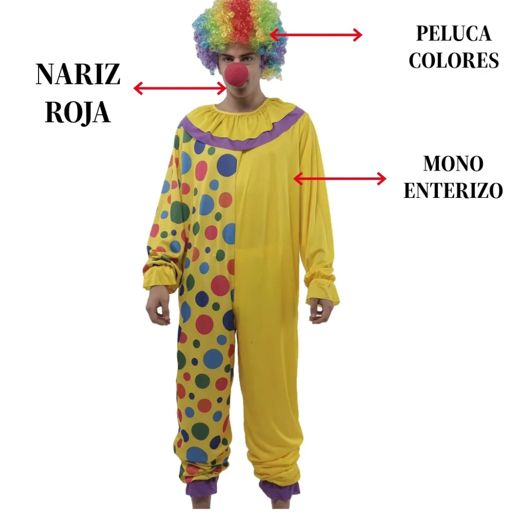 New Kebedo Moda Disfraz Payaso Circo Hombre Mono Enterizo con Lunares Peluca Nariz Fiesta