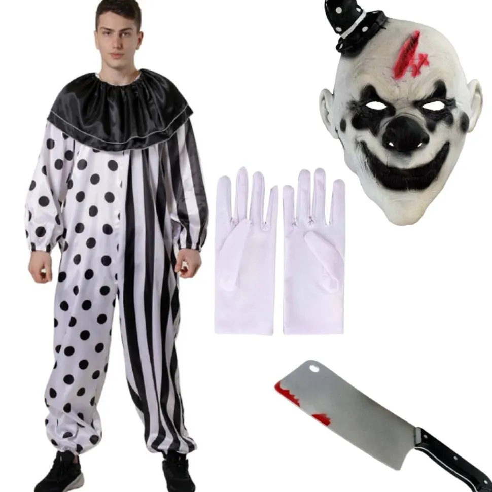 Disfraz Payaso Terror con Mascara Látex Hombre Mono Enterizo Blanco y Negro