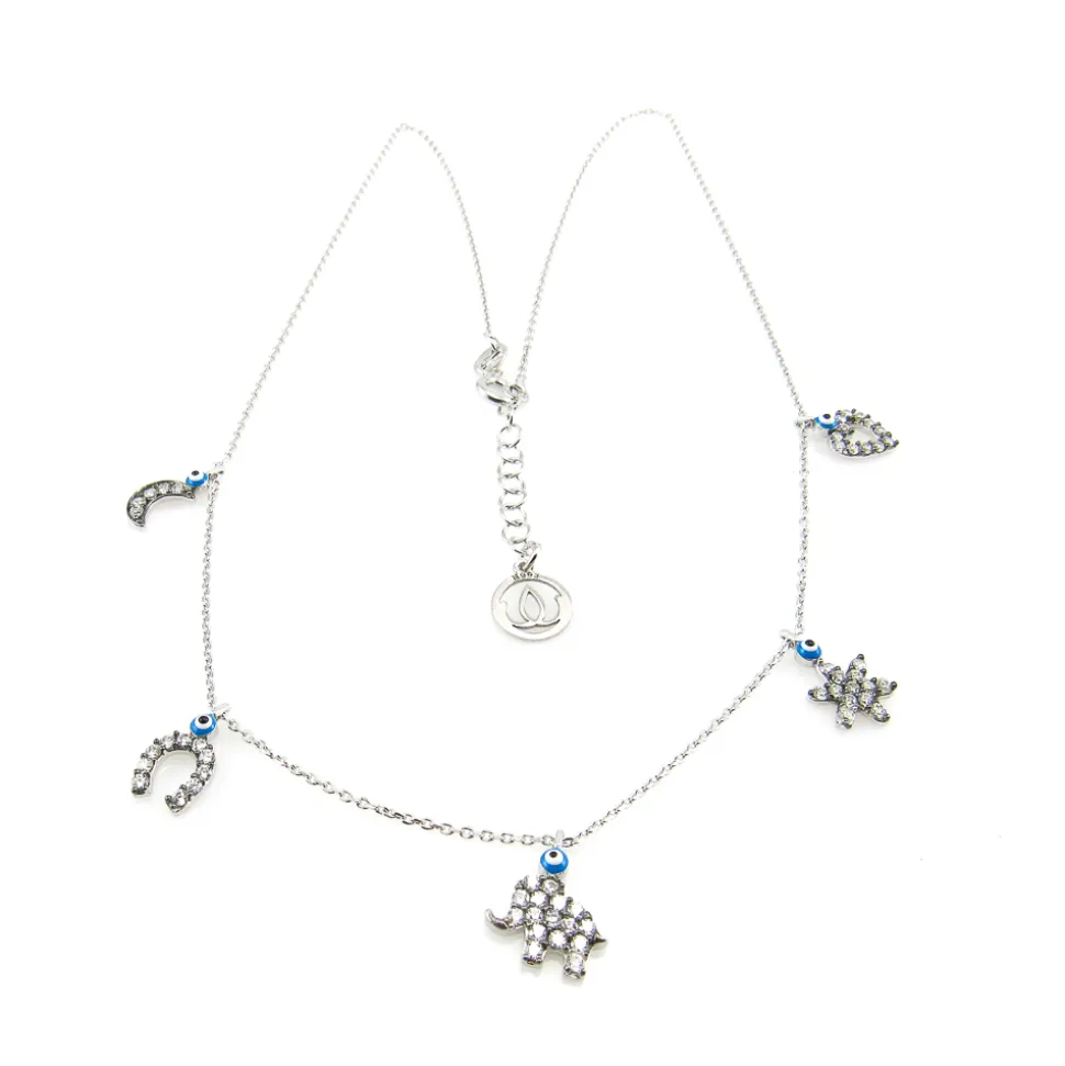 Gargantilla Con Amuletos De Plata Rodiada, Circonitas Y Esmalte