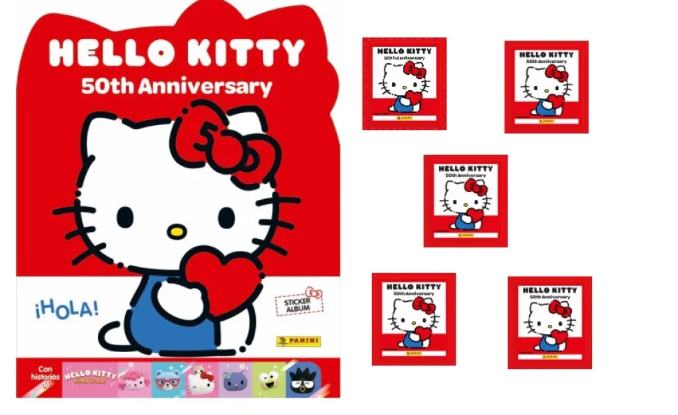 Hello Kitty 50 aniversario Álbum de cromos vacío y 5 sobres Colección 2024 pegatinas
