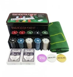 Sale Texas Hold*em Juego de Poker 200 fichas con caja + 2 Juego de Barajas + Ficha dealer + Tapete