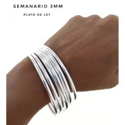 Juego De Pulseras Semanario Media Caña Lisa De Plata 3Mm Y 60Mm De Diámetro (Talla S)