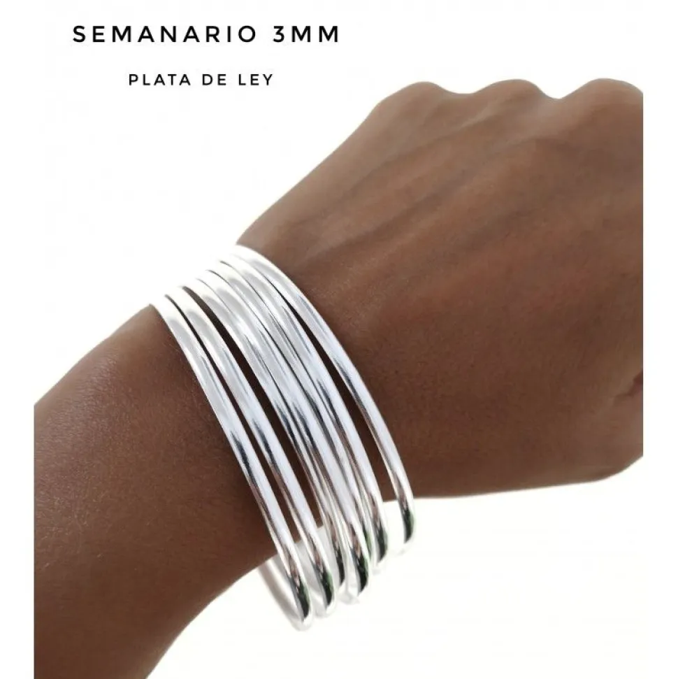 Juego De Pulseras Semanario Media Caña Lisa De Plata 3Mm Y 60Mm De Diámetro (Talla S)