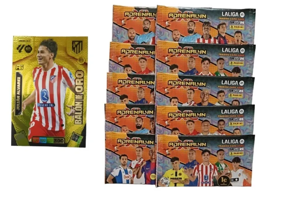 Julián Álvarez Balón de Oro + 10 sobres normales Adrenalyn XL 2025 2026 Carta Colección Panini