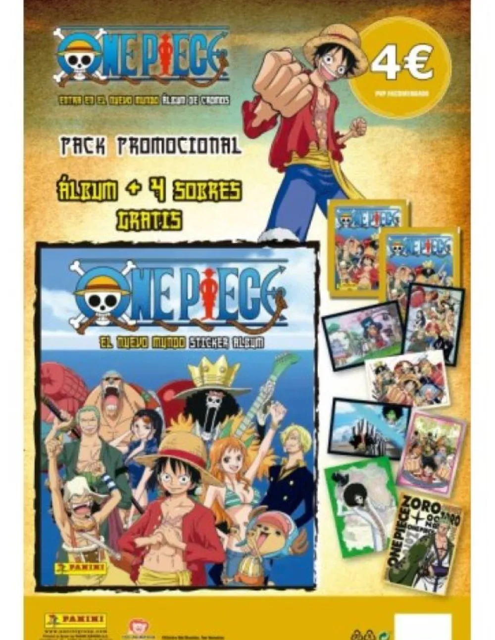 PANINI Álbum + 5 sobres One Piece 2023 El Nuevo Mundo 4 cromos y 1 carta por sobre