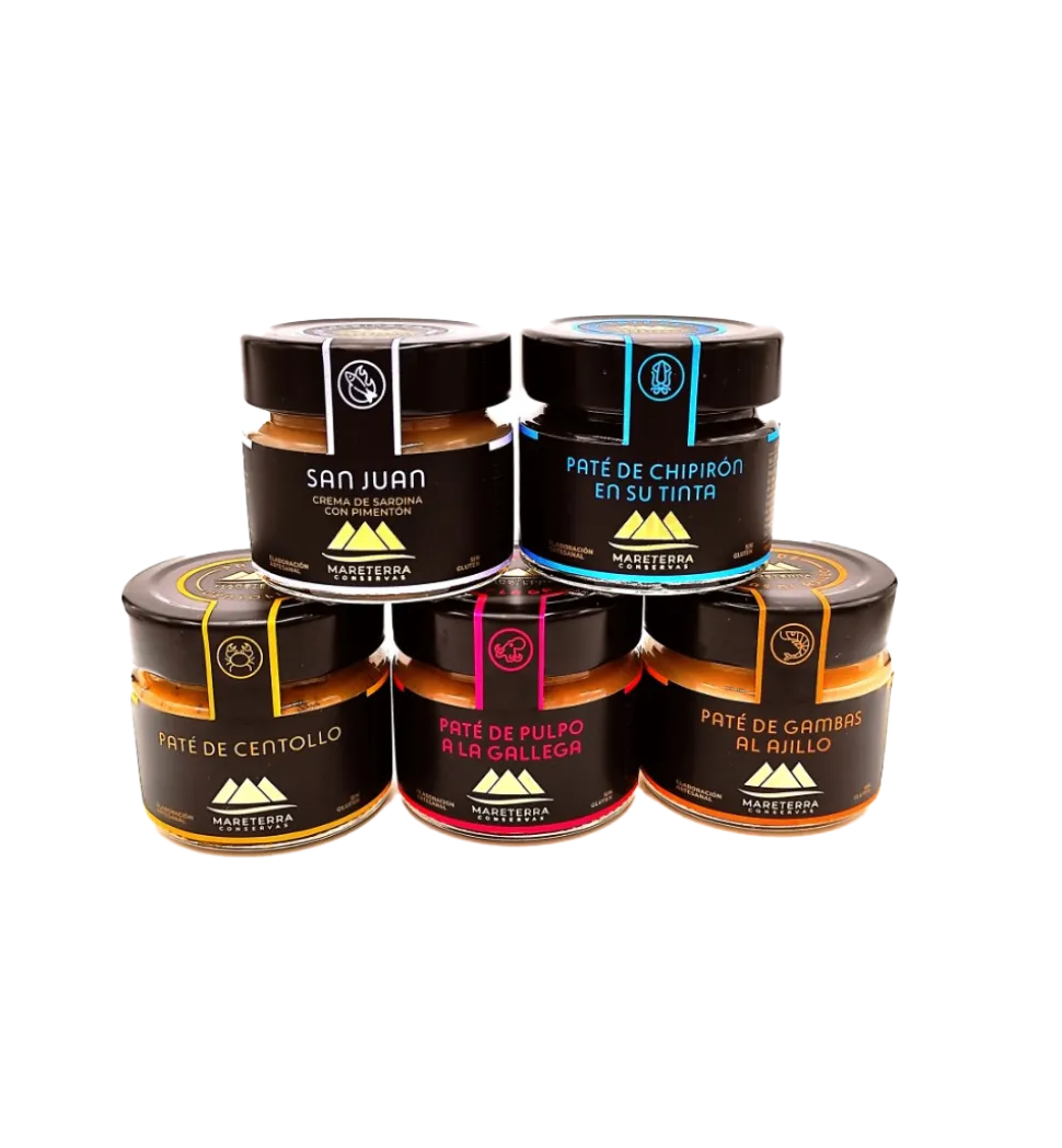 Lote de 5 Patés: Centollo, Pulpo a la gallega, Gambas al ajillo, Chipirón en su tinta y San Juan | Mareterra Conservas | Conservas sin gluten de Galicia