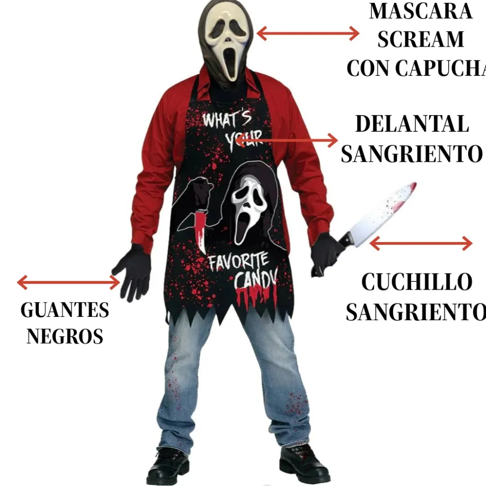Hot Kebedo Moda Máscara Scream Scary Movie - Delantal, Guantes y Cuchillo Falso sangriento para Adulto