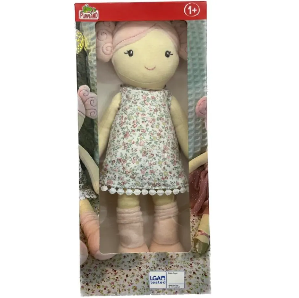 Muñeca Trapo Vestido Bordados Flores 35 cm.