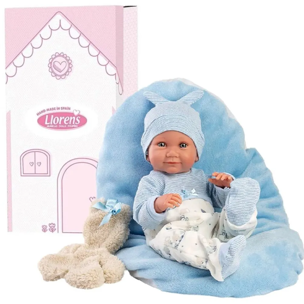 Best Llorens Muñeco Bebé Juan con Cojín celeste y Oso Newborn - cuerpo de Vinyl -
