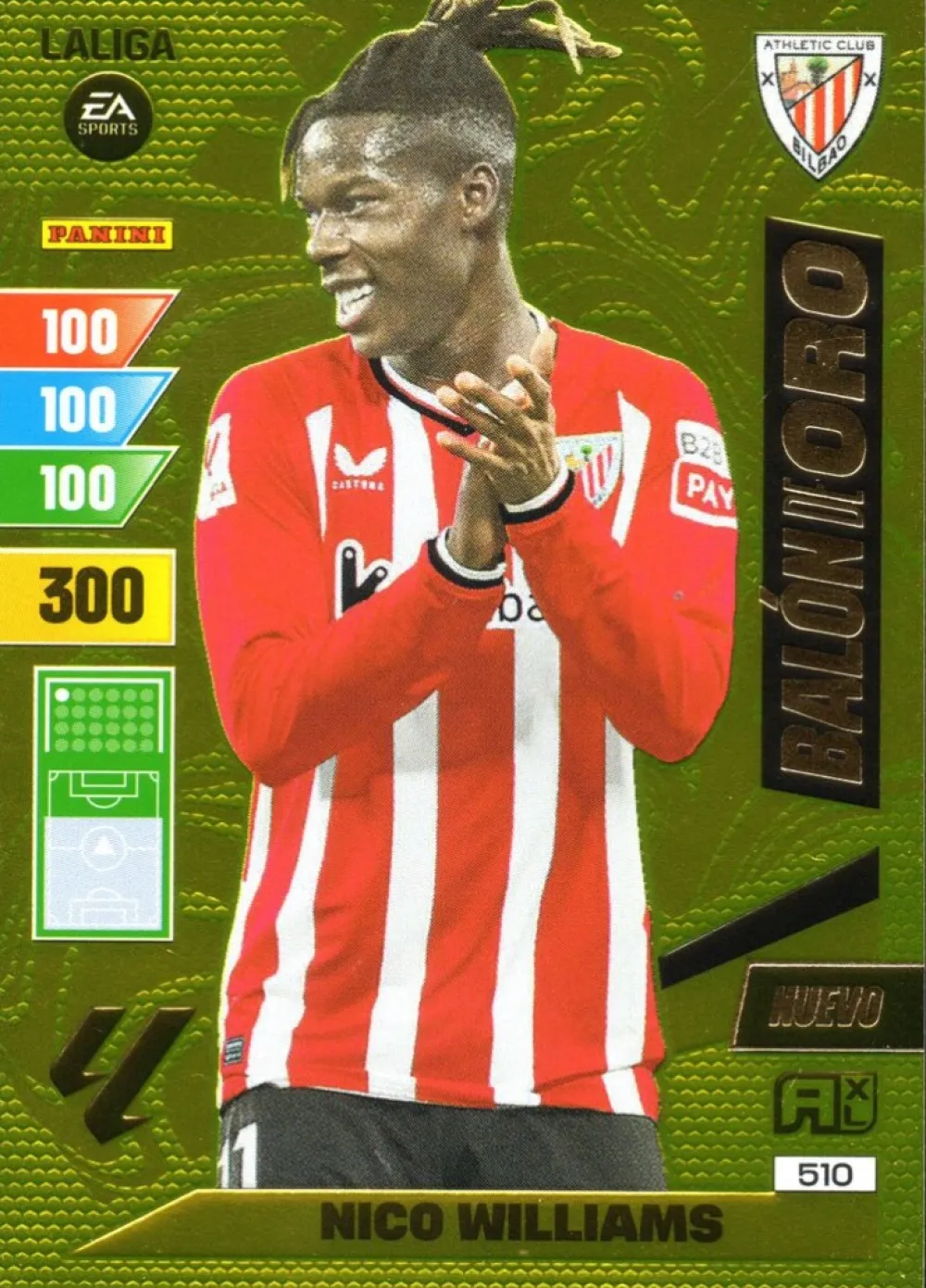 New Panini España Nuevo Balón de Oro Nico Williams 510 Athletic Club Bilbao cromo Adrenalyn XL 2023 2024 La liga 23/24