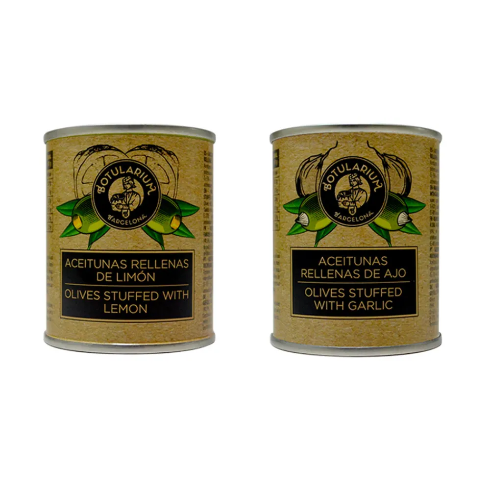 Clearance Botularium Pack 10 latitas minibar - Aceitunas al limón 5x50 g y Aceitunas rellenas de ajo 5x50 g
