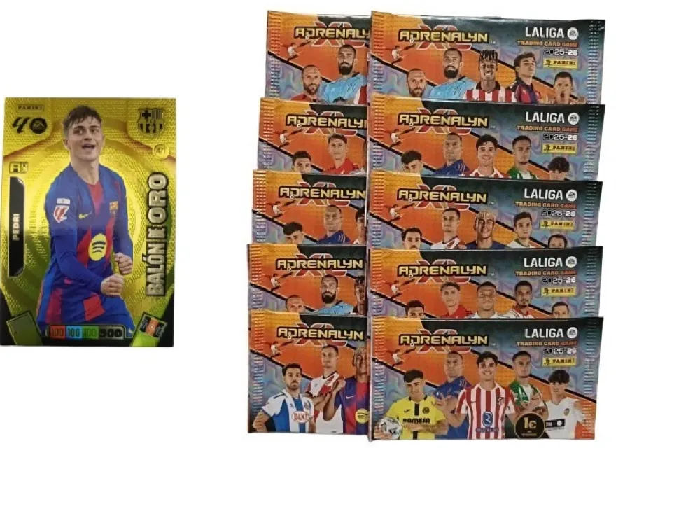Pedri Balón de Oro + 10 sobres normales Adrenalyn XL 2025 2026 Carta Colección Panini