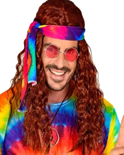 Peluca hippie marrón con banda tie-dye unisex