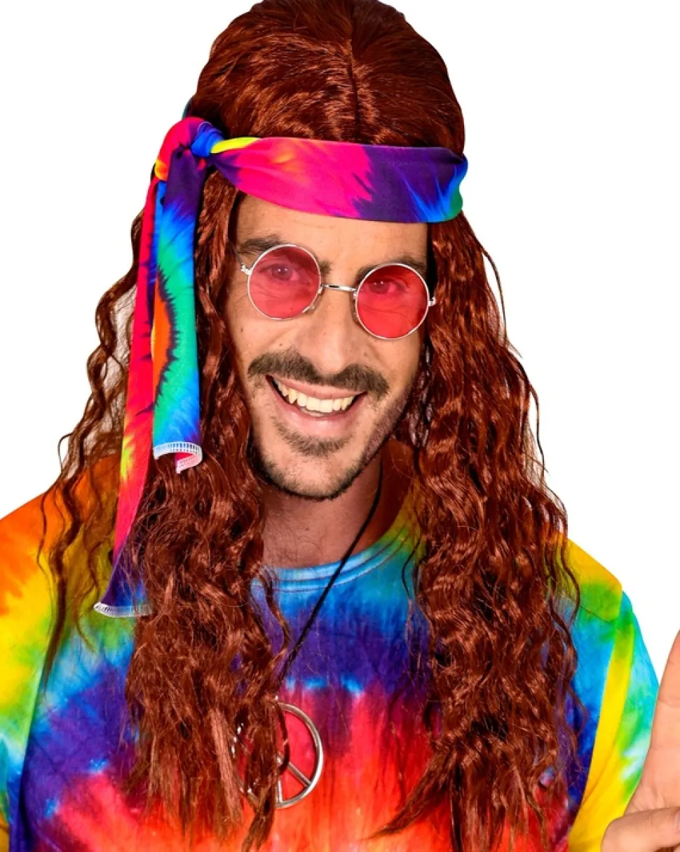 Peluca hippie marrón con banda tie-dye unisex