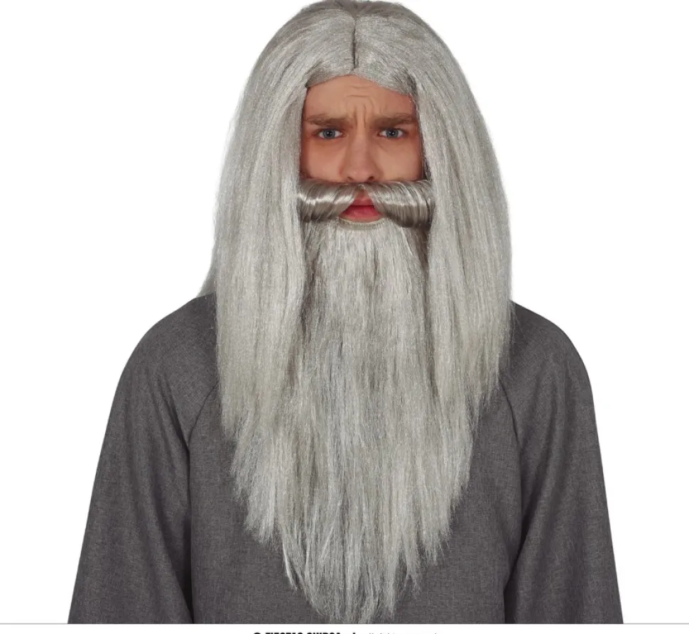 Peluca y barba gris de mago