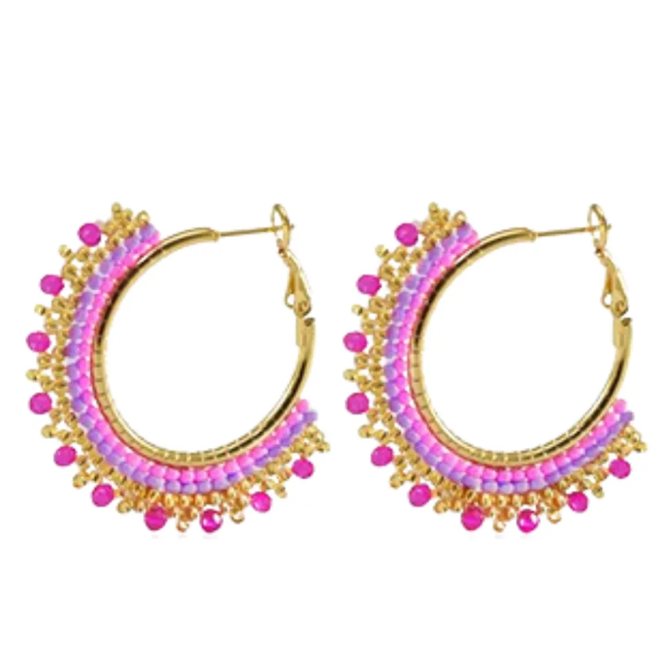 Pendientes acero inoxidable dorado abalorios rosa y morado