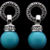 Pendientes Circulo Grecas Con Bola Turquesa 12 Mm.