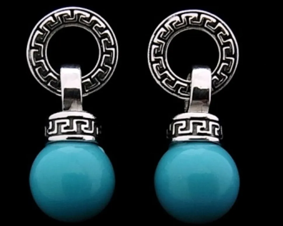Pendientes Circulo Grecas Con Bola Turquesa 12 Mm.
