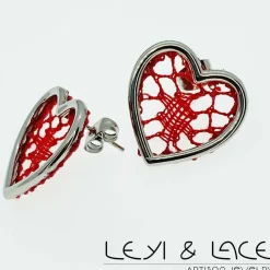 Pendientes Corazón y Encaje de Bolillos en Rojo