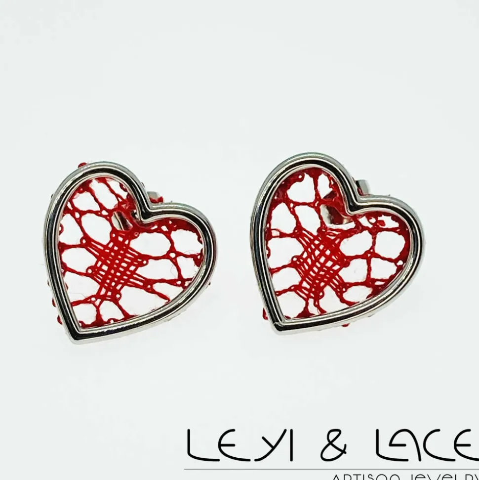 Pendientes Corazón y Encaje de Bolillos en Rojo