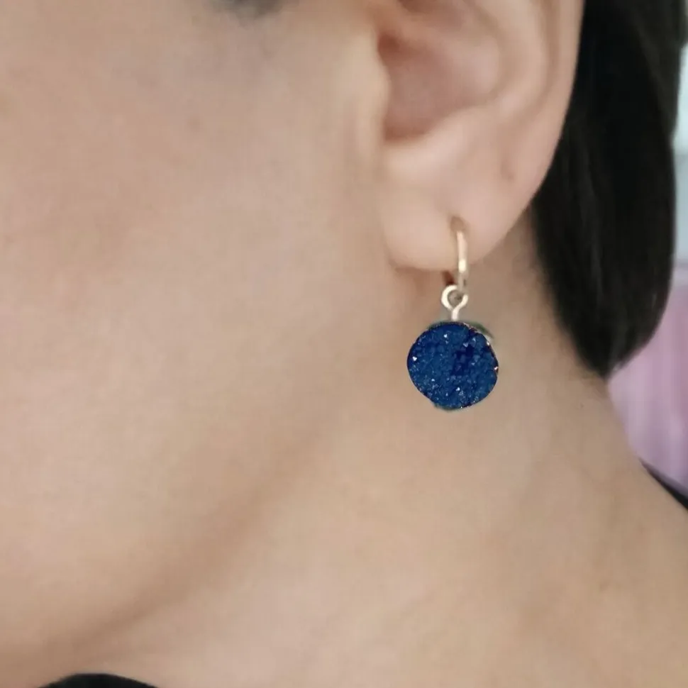 Pendientes Cristal Roca Azul. Acero Oro