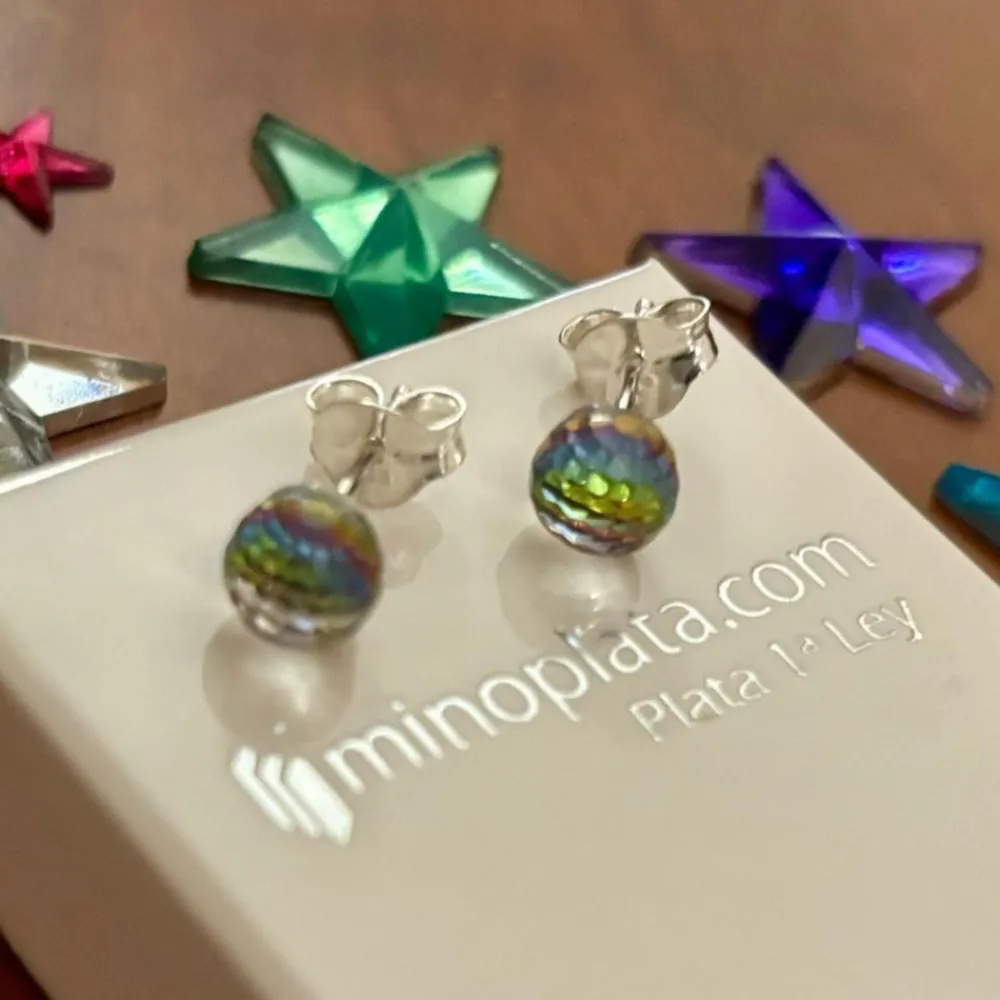 Clearance Pendientes De Bola 6Mm Plata Con Cristal Tornasol Verde Y Fucsia