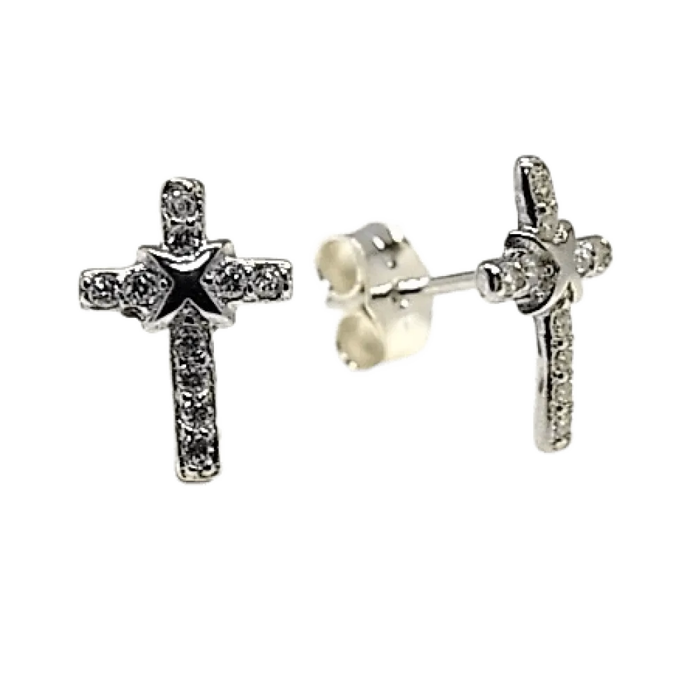 Pendientes De Plata Rodiada Cruz Con Circonitas