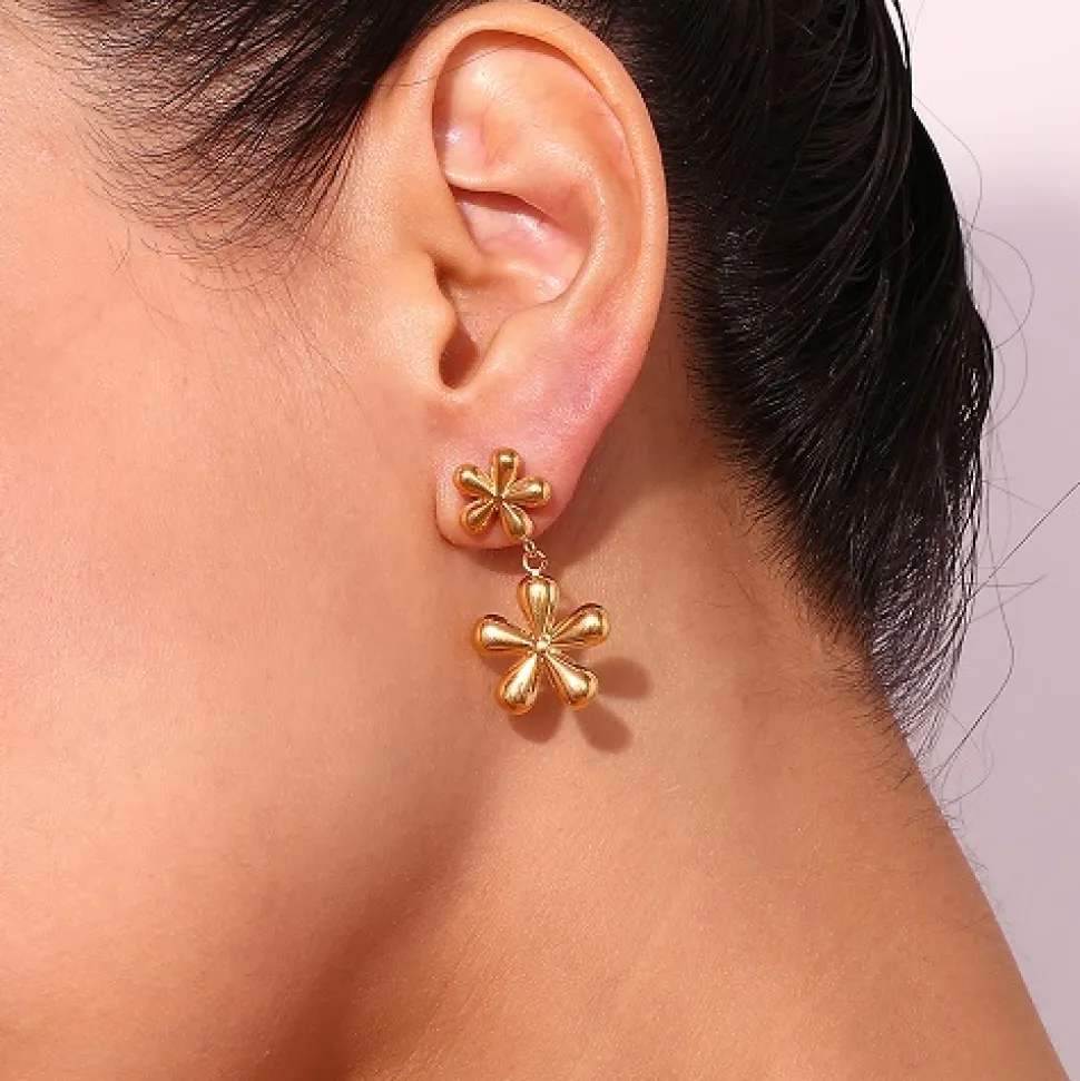 Pendientes largos mujer acero inoxidable - Diseño doble flores