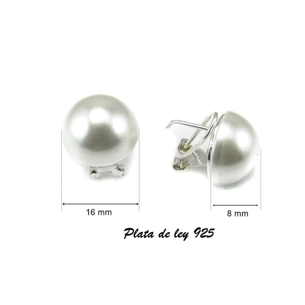 New Pendientes Media Perla 16 Mm. Cierre Omega De Plata De Ley
