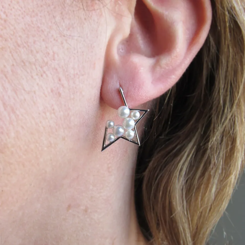 Pendientes Mujer Estrella De Plata Rodiada Con Perlitas