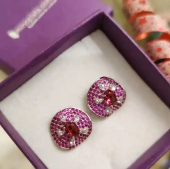 Pendientes Omega Plata Rodiada Piedras Rosas Con Circonitas