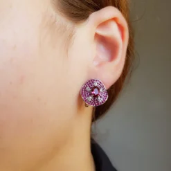 Pendientes Omega Plata Rodiada Piedras Rosas Con Circonitas
