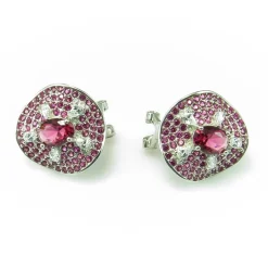 Pendientes Omega Plata Rodiada Piedras Rosas Con Circonitas