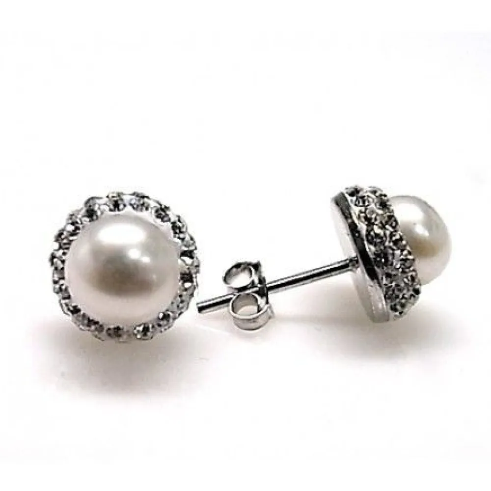 Sale Pendientes Perla Con Cristales Blancos 10 Mm.