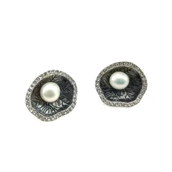 Pendientes Plata De Ley En Rutenio Negro Con Perlas Y Circonitas