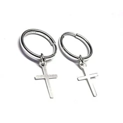Clearance Pendientes Unisex De Aro Con Cruz Colgante De Plata 11 Mm.