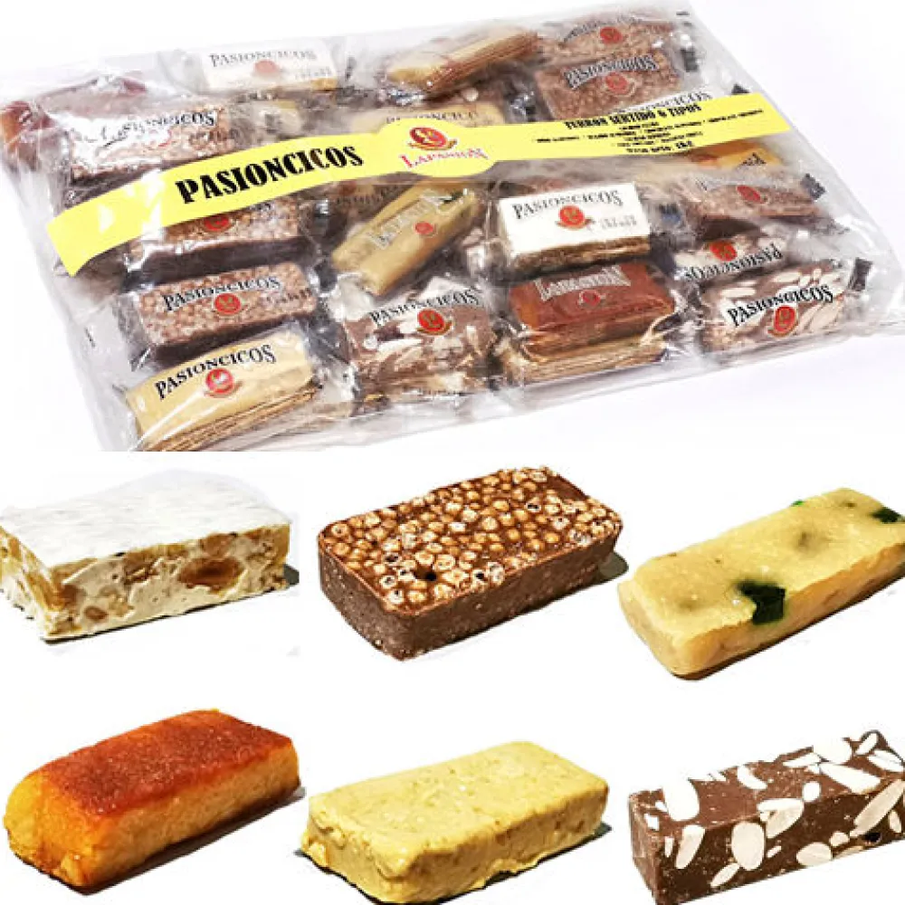 Sale LAPASIÓN Porciones de turrones variados. 6 tipos. Bolsa de 1 Kg. Envueltas individualmente. Formado por Turrón Blando, Duro, Chocolate con almendras, Chocolate crujiete, Yema tostada y Mazapán fruta.