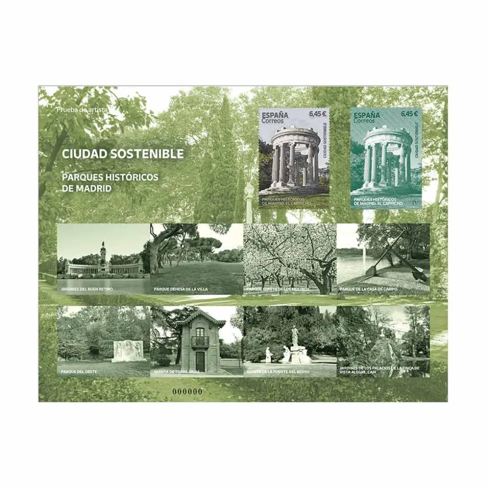 Prueba filatélica Parques históricos de Madrid | Ciudad sostenible | Prueba de artista