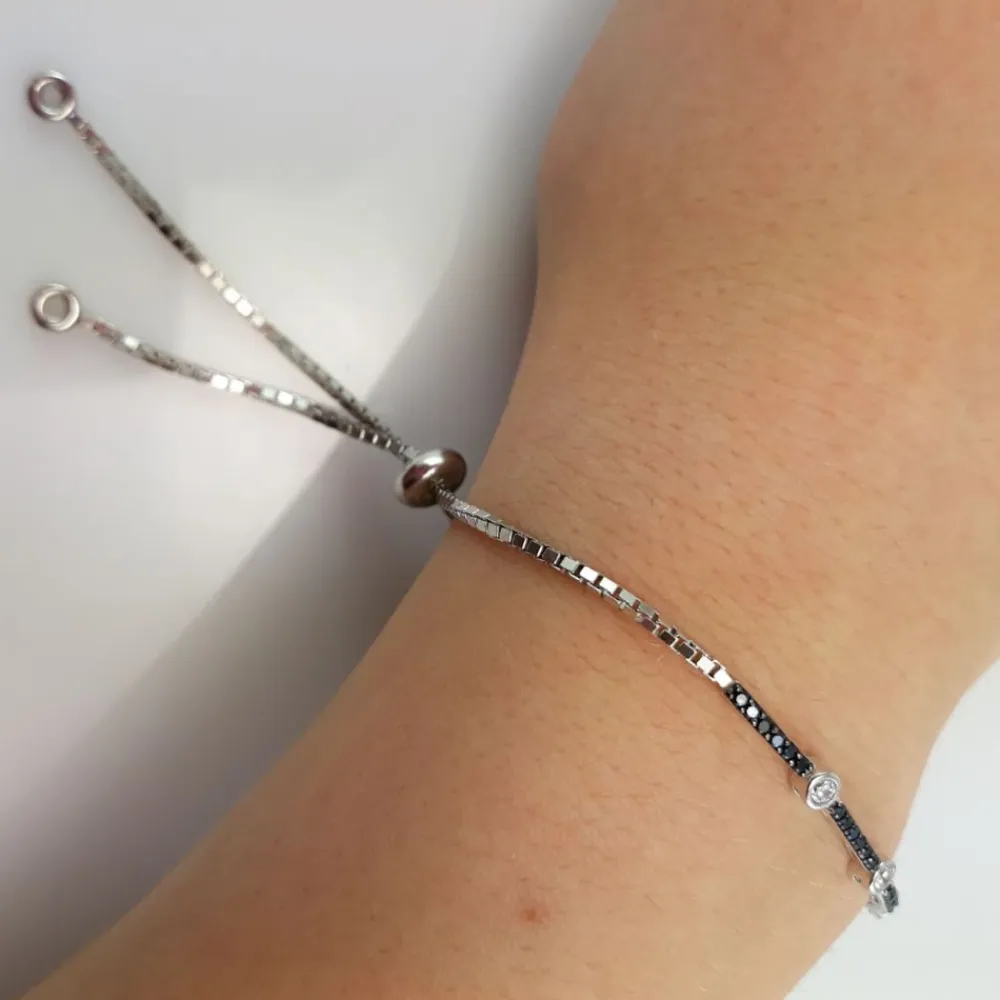 Best Pulsera Ajustable En Plata Rodiada Y Circonitas Blancas Y Negras