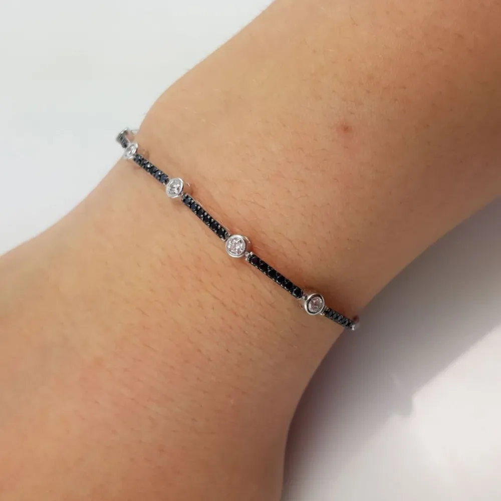 Best Pulsera Ajustable En Plata Rodiada Y Circonitas Blancas Y Negras