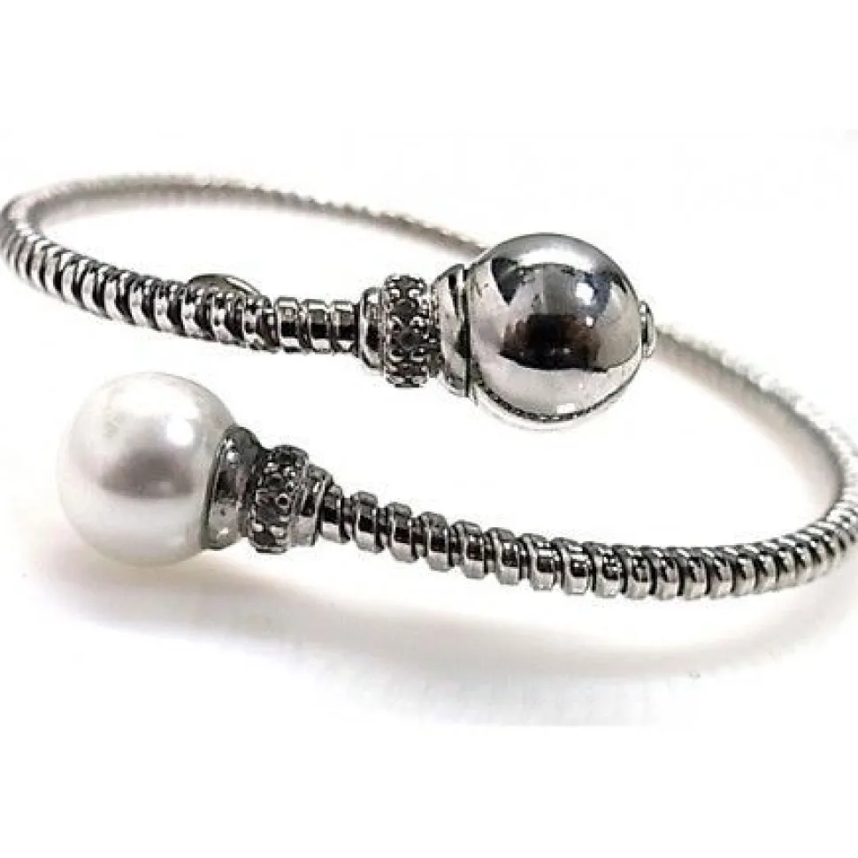 Pulsera Brazalete Combinada Con Perla Y Circonitas En Plata