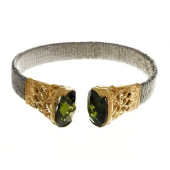 Outlet Pulsera Brazalete De Acero Y Plata Dorada Con Circonita Verde