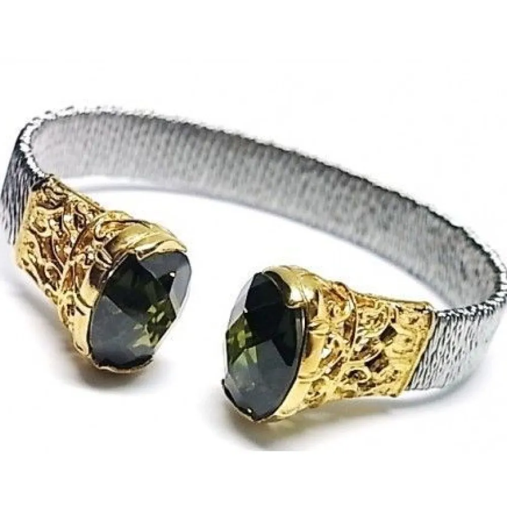 Outlet Pulsera Brazalete De Acero Y Plata Dorada Con Circonita Verde