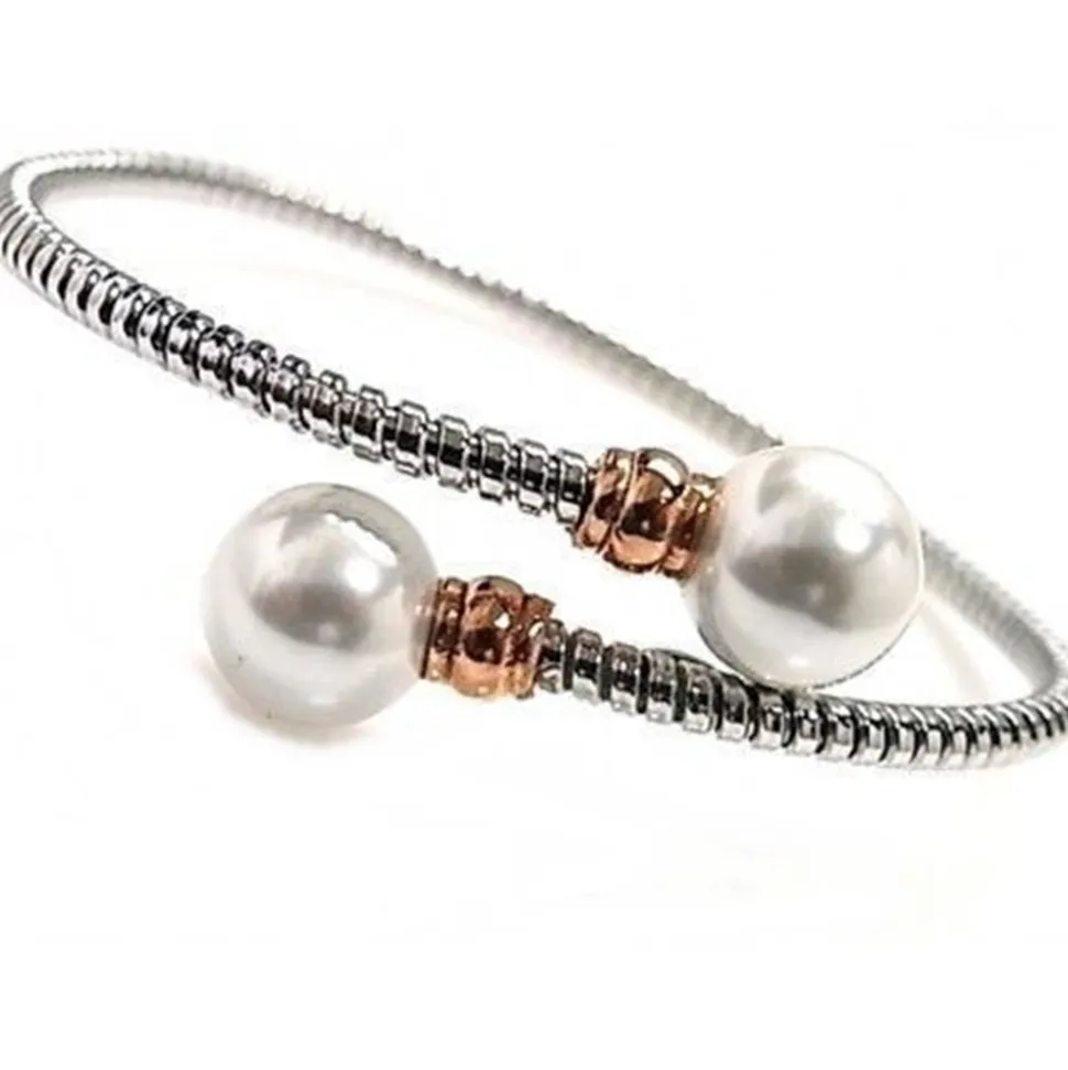 Pulsera Brazalete De Plata Bicolor Con Perlas