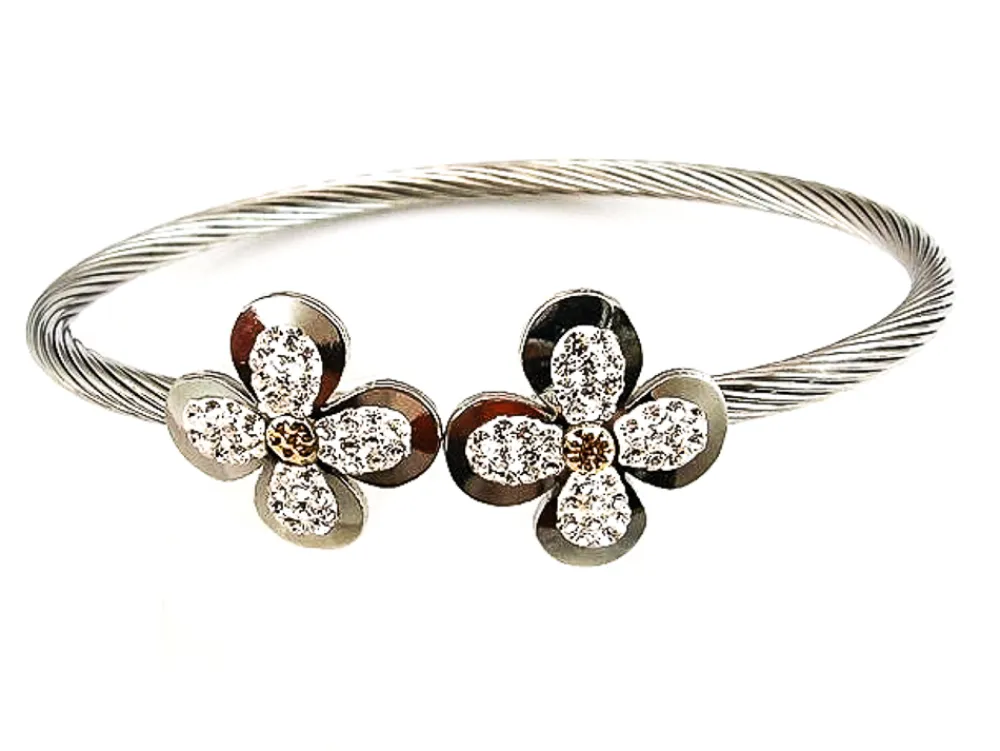 Outlet Pulsera Cordon De Acero Flores Con Circonitas Y Oro