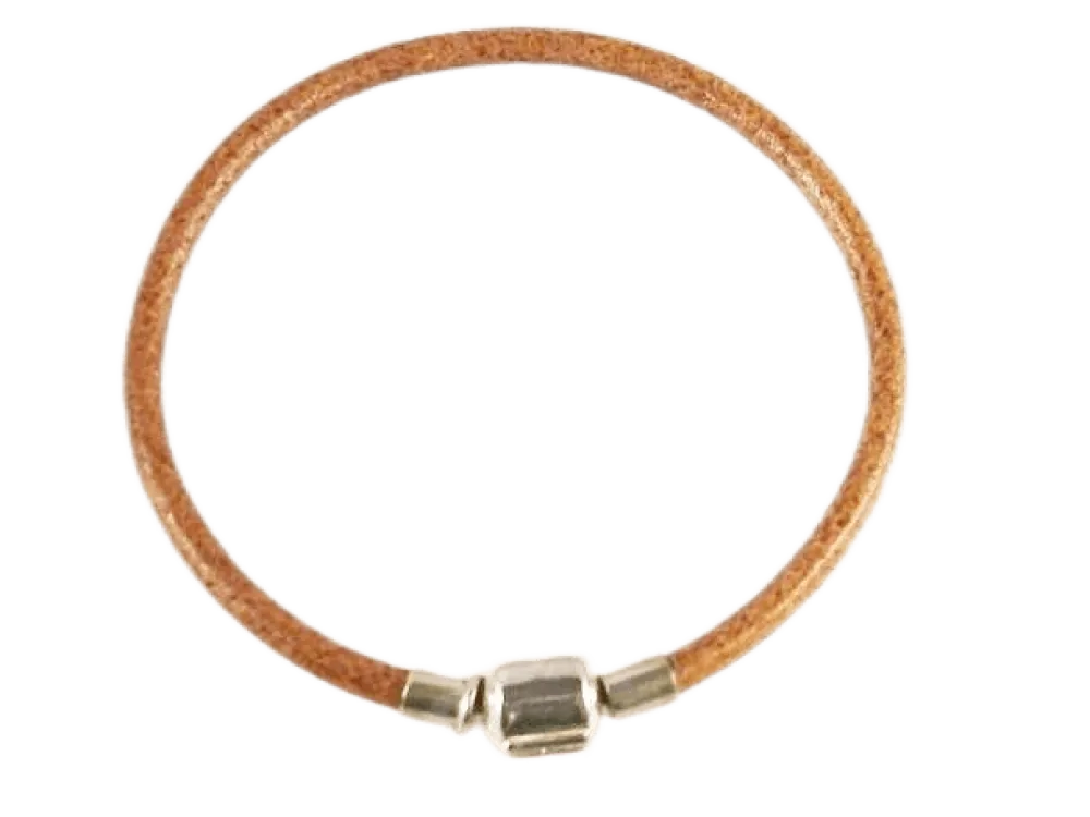 New Pulsera Cuero Camel 3 Mm. Y Plata De Ley Cierre Clip 18Cm.