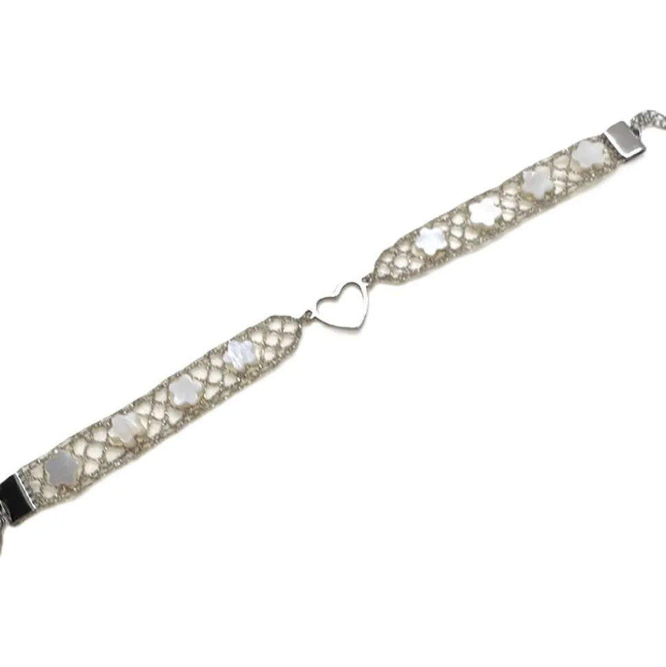 Pulsera de Encaje de Bolillos Corazón con Flores