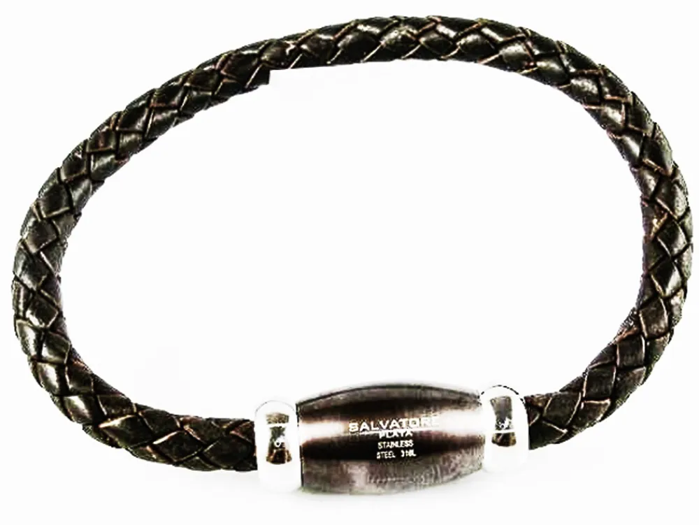 Pulsera De Piel Marron Trenzado Motivo De Acero Ovalado